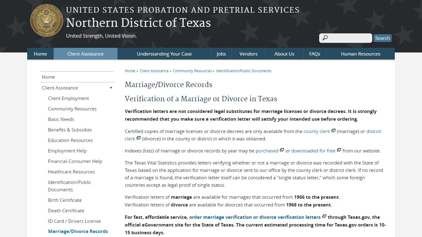 Marriage/Divorce Records | Northern District of Texas